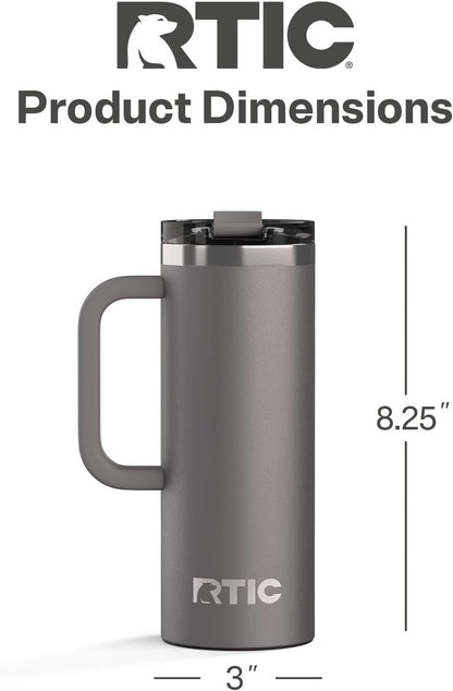 RTIC 20oz Road Trip Travel Mug with Lid and Handle, Ceramic Lined, Insulated, Stainless Steel, Metal, Double Wall Vacuum-Insulation, Portable Coffee, Tea Cup for Hot and Cold Drink, Black
