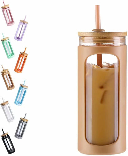 Kodrine 20oz Glass Water Tumbler with Straw and Lid, Bamboo Lids Water Bottle, Iced Coffee Cup Reusable, Wide Mouth Smoothie Cups with Protective Silicone Sleeve BPA FREE-Black - Colors A