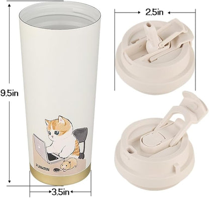 Funkrin Coffee Travel Mug with Straw & Flip Lid, 16oz Insulated Tumbler Cup with Ceramic Coating, Double Wall Vacuum Leak-Proof Mug for Office School Party Camping