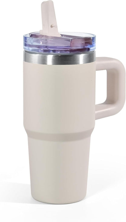 AGH 14 oz Tumbler with Handle for Kids Flip Straw Stainless Steel Mug,Stainless Steel Double Wall Vacuum Cup, Leakproof, BPA Free Keeps Drinks Cold up to 18 Hrs,Cream White