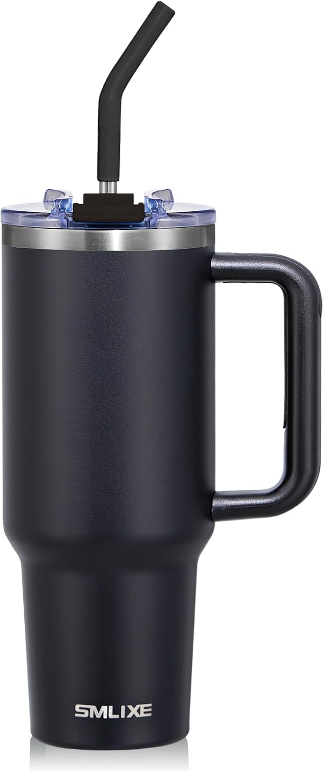 40 oz Tumbler with Handle and Straw Lid,Insulated Reusable Stainless Steel Water Bottle Travel Mug，Cupholder Friendly Double Wall Vacuum Sealed Cup (Black)