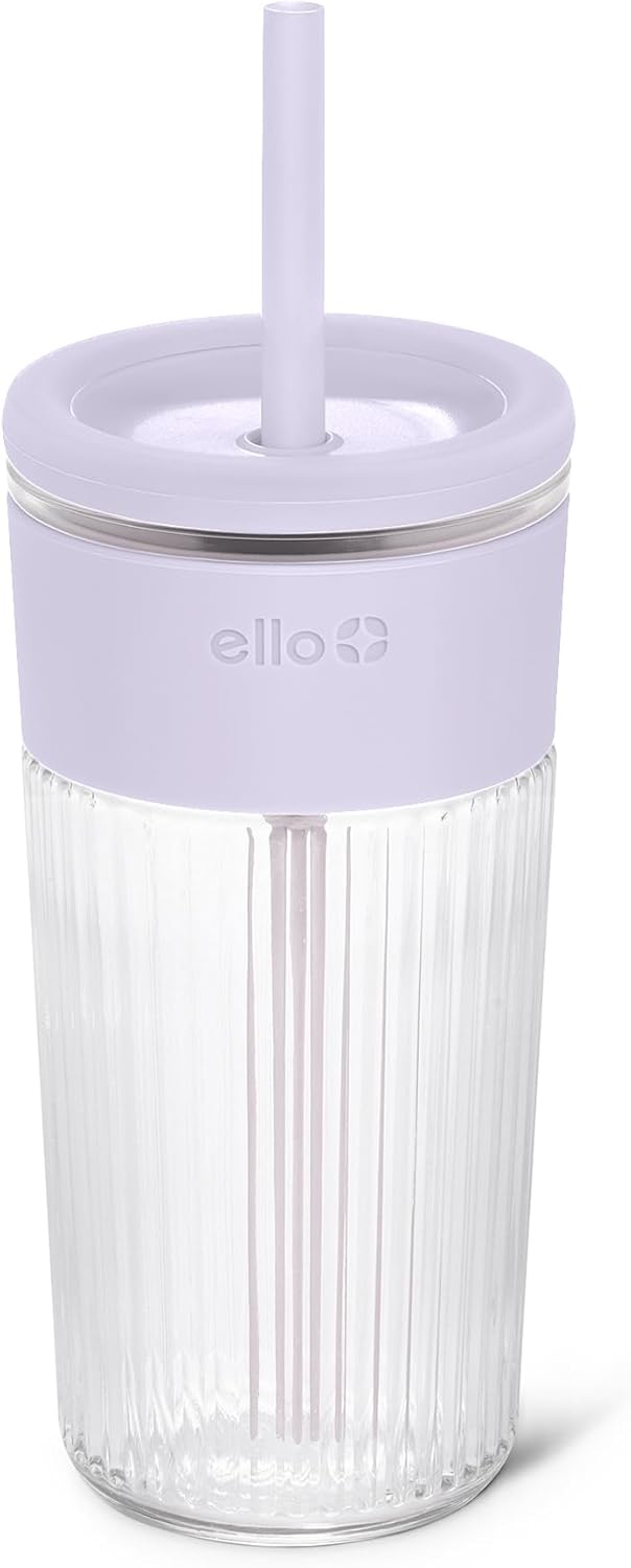 Ello Devon Glass Tumbler , Protective No Sweat Silicone Sleeve and Splash Proof Wooden Detail Lid with Straw, 18 oz