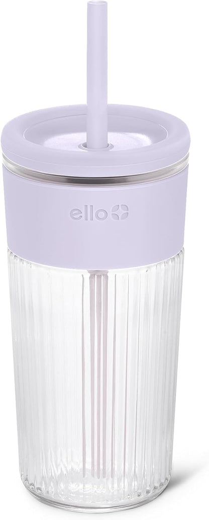 Ello Devon Glass Tumbler , Protective No Sweat Silicone Sleeve and Splash Proof Wooden Detail Lid with Straw, 18 oz