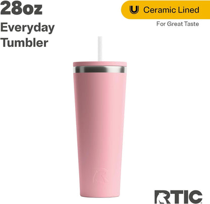 RTIC 20oz Everyday Tumbler Insulated Stainless Steel Portable Travel Coffee Cup with Straw, Ceramic Lining, Spill-Resistant Lid, BPA-Free, Hot and Cold Drink, Beach