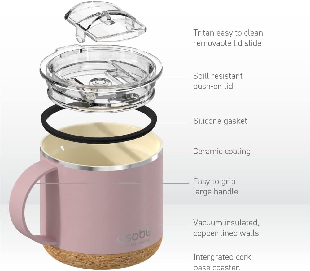 asobu Ultimate Ceramic Travel Mug, 12oz Insulated Stainless Steel Coffee Cup with Handle & Splash-Resistant Lid, Ceramic Lined for Pure Taste, BPA-Free, Double-Wall Vacuum for Hot Drinks