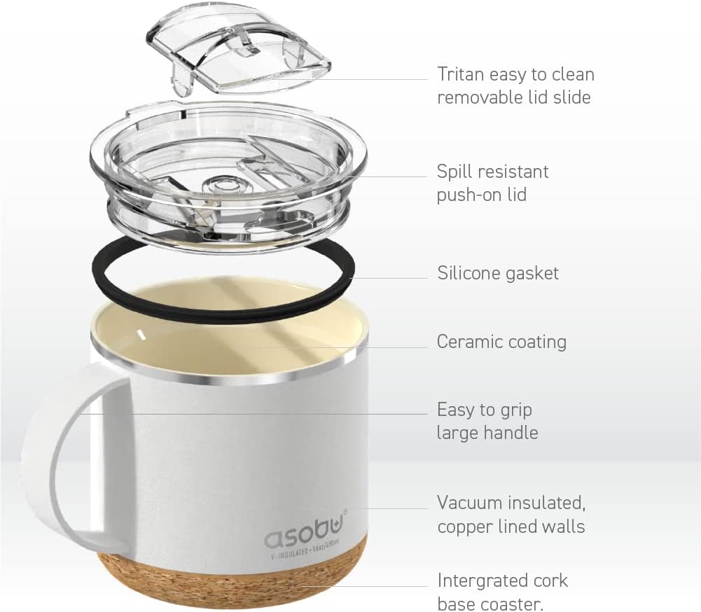 asobu Ultimate Ceramic Travel Mug, 12oz Insulated Stainless Steel Coffee Cup with Handle & Splash-Resistant Lid, Ceramic Lined for Pure Taste, BPA-Free, Double-Wall Vacuum for Hot Drinks