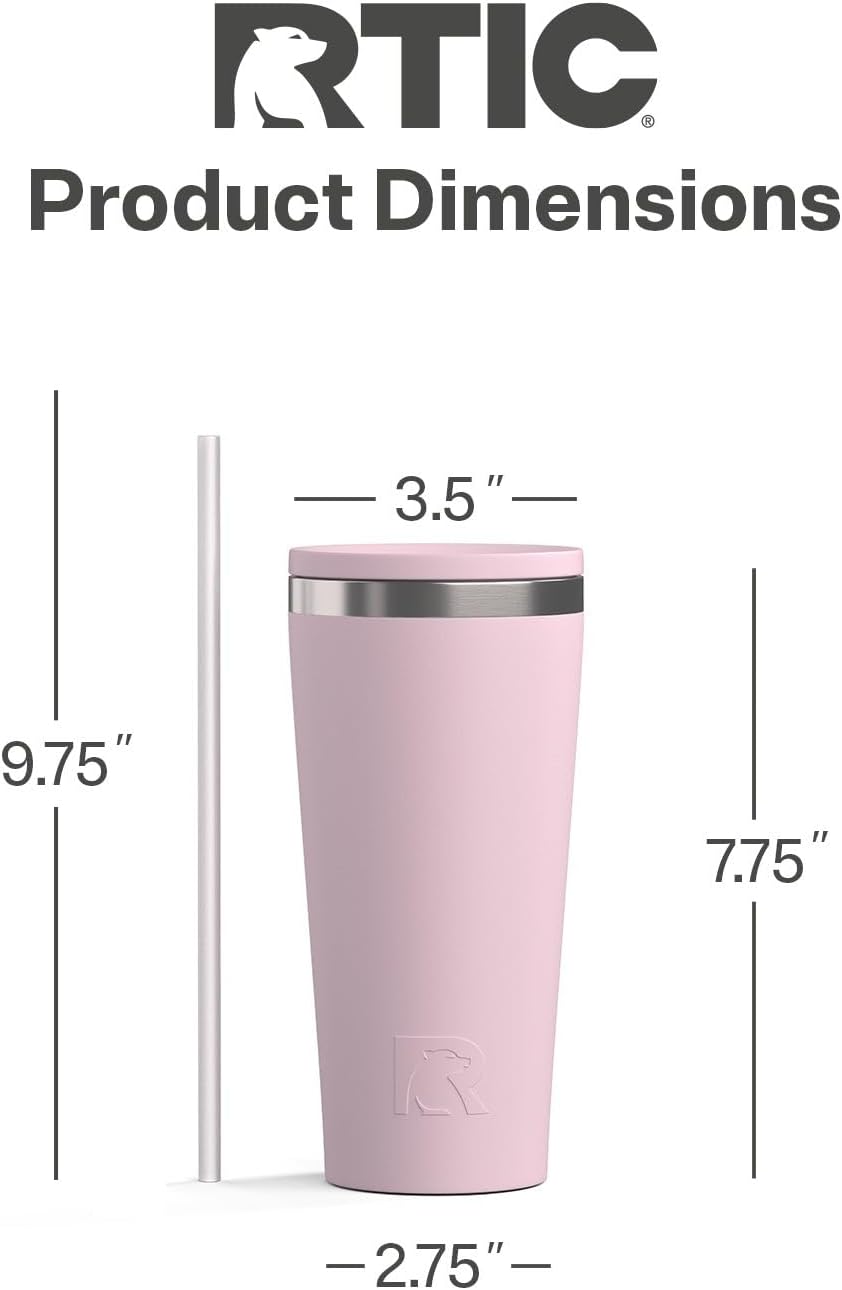 RTIC 20oz Everyday Tumbler Insulated Stainless Steel Portable Travel Coffee Cup with Straw, Ceramic Lining, Spill-Resistant Lid, BPA-Free, Hot and Cold Drink, Beach