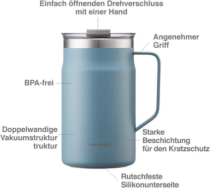 LocknLock Metro Mug Premium 18/8 Stainless Steel Double Wall Insulated with Handle Perfect for table with Lid, Black, 16 oz