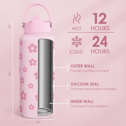 SANDJEST Pickleball Gift for Women, Water Bottle Stainless Steel 32oz with Lid & Straw, Sport Insulated Bottles Gifts for Girls Friends Teens Birthday Christmas