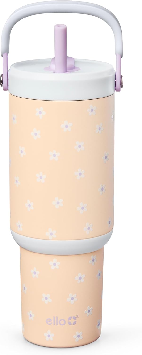 Ello Oasis Go+ 26oz Tumbler with Top Handle and Retracting Straw | Reusable Insulated Stainless Steel Cup, 100% Leakproof Water Bottle, 24 Hours Cold, Cup Holder Friendly For Travel | Wild Rasberry