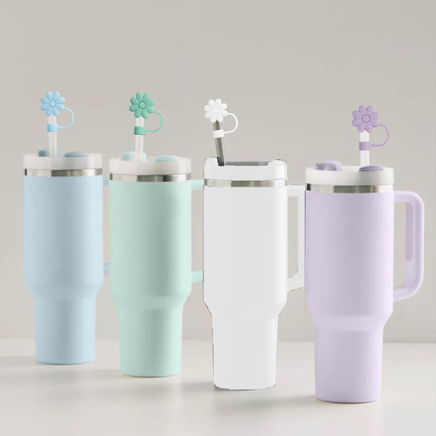 Flower Straw Covers Toppers for Stanley Cups 30&40 Oz Tumbler with Handle Accessories 4PCS Silicone Straw Caps Reusable Straws Tips Protectors for Stanley Cup 10mm 0.4in Straws,Off White