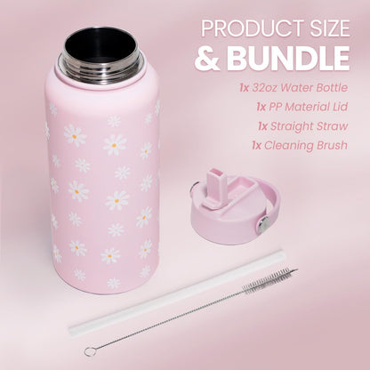 SANDJEST Pickleball Gift for Women, Water Bottle Stainless Steel 32oz with Lid & Straw, Sport Insulated Bottles Gifts for Girls Friends Teens Birthday Christmas