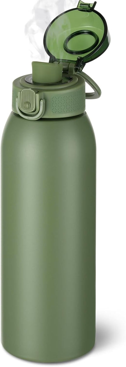 Insulated Water Bottle 24 oz with Dustproof Lid, Carry Handle & Tea Infuser, BPA-Free & Leakproof, Stainless Steel Water Bottles Ideal for Fitness, Hiking, Office & Outdoor Use (Black)