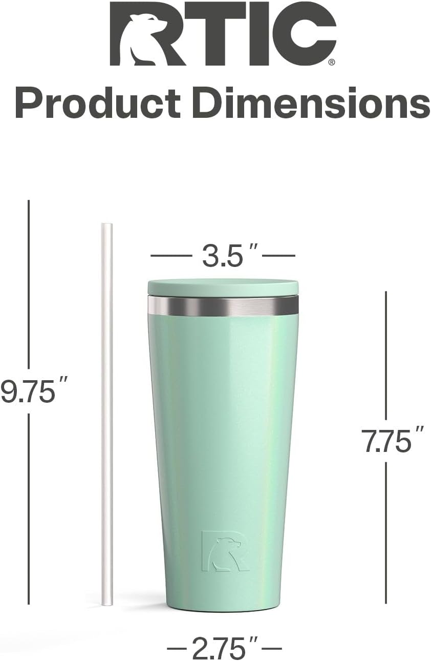 RTIC 20oz Everyday Tumbler Insulated Stainless Steel Portable Travel Coffee Cup with Straw, Ceramic Lining, Spill-Resistant Lid, BPA-Free, Hot and Cold Drink, Beach