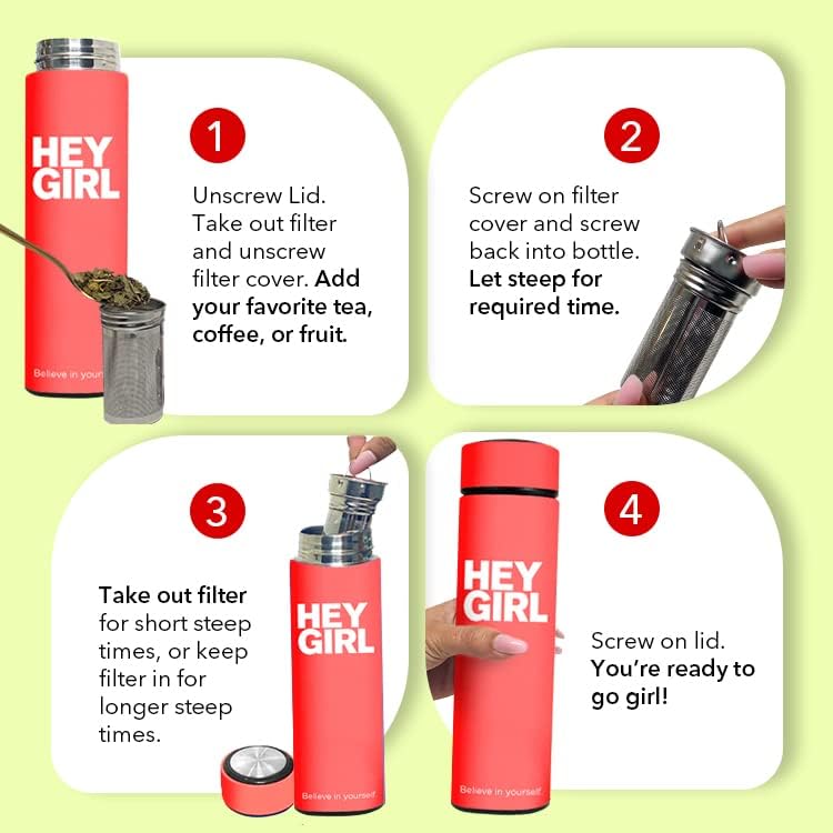 Hey Girl Tea Infuser Bottle 450ml - Insulated Stainless Steel Water Bottle - Tea Tumbler with Tea Diffuser - Portable Travel Mug for Loose Leaf Tea & Infused Water - Tea Lovers Gifts for Women (Pink)