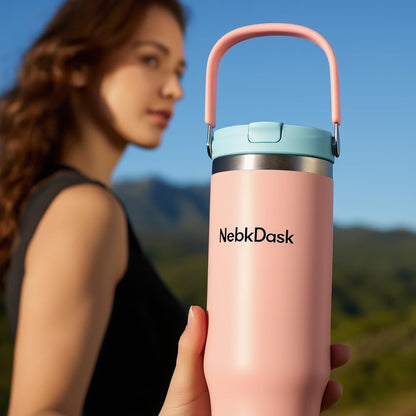 40 oz Insulated Stainless Steel Bottle with 2-in-1 Straw and Spout Lid, Water Bottle with Carry Handle Keep Cold 24H, Leak-Proof, Fits in Car Cup Holder, Travel, and School（off-White）