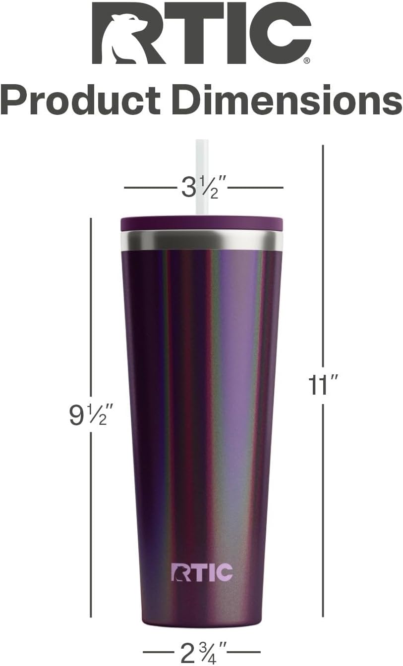 RTIC 20oz Everyday Tumbler Insulated Stainless Steel Portable Travel Coffee Cup with Straw, Ceramic Lining, Spill-Resistant Lid, BPA-Free, Hot and Cold Drink, Beach