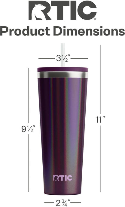 RTIC 20oz Everyday Tumbler Insulated Stainless Steel Portable Travel Coffee Cup with Straw, Ceramic Lining, Spill-Resistant Lid, BPA-Free, Hot and Cold Drink, Beach