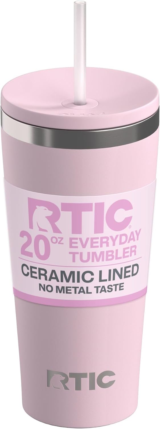 RTIC 20oz Everyday Tumbler Insulated Stainless Steel Portable Travel Coffee Cup with Straw, Ceramic Lining, Spill-Resistant Lid, BPA-Free, Hot and Cold Drink, Beach