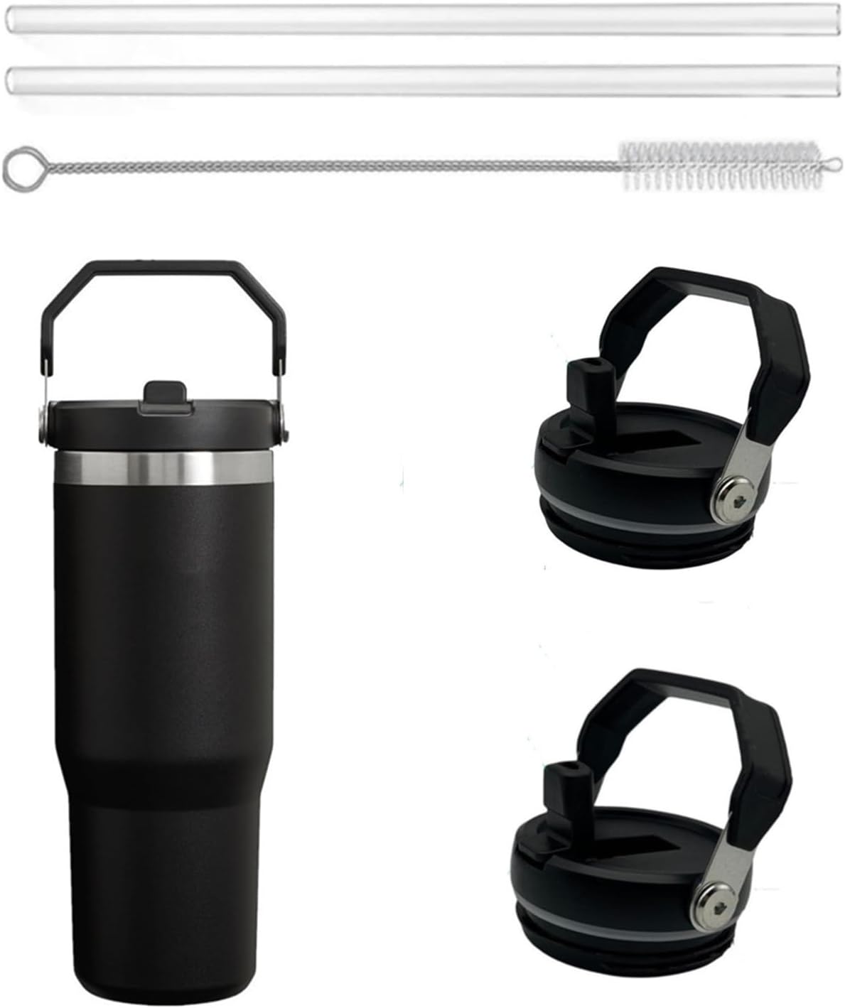 2Pack Replacement Tumbler Lid Fit for Stanley IceFlow 30 oz(Only) Flip Straw Lid, with 2Pcs Reusable Straws,1Pcs Cleaning Brush (White)