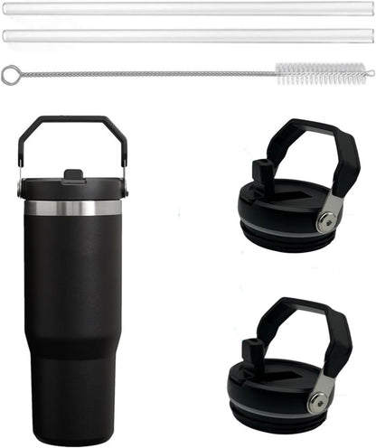 2Pack Replacement Tumbler Lid Fit for Stanley IceFlow 30 oz(Only) Flip Straw Lid, with 2Pcs Reusable Straws,1Pcs Cleaning Brush (White)