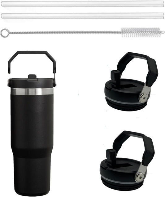 2Pack Replacement Tumbler Lid Fit for Stanley IceFlow 30 oz(Only) Flip Straw Lid, with 2Pcs Reusable Straws,1Pcs Cleaning Brush (White)
