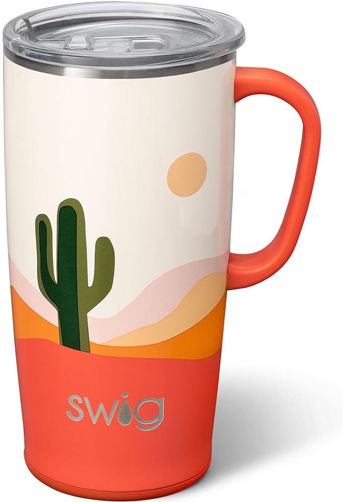 Swig Life 18oz Travel Mug, Insulated Tumbler with Handle and Lid, Cup Holder Friendly, Dishwasher Safe, Stainless Steel, Travel Coffee Cup (Honey Meadow)