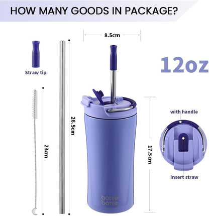BOTTLE BOTTLE Coffee Tumbler with Dual-use Lid and Straw Double Walled Iced Travel Coffee Mug for Woman and Man 12 oz Stainless Steel Insulated Tumbler with Handle (blue)