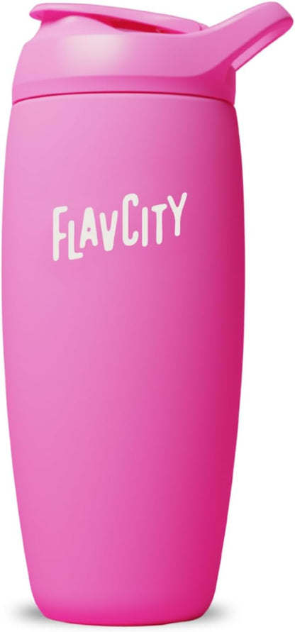 FlavCity 24 oz Stainless Steel Shaker Bottle - Insulated Protein Mixer Cup for On-the-Go Smoothies, Shakes, Electrolytes & Powder Drinks - BPA Free, Snap-Fit Agitator, Leak Resistant (Flamingo)