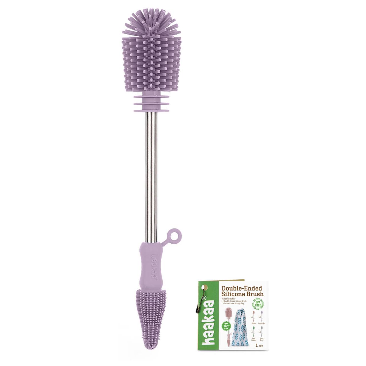 Haakaa Silicone Cleaning Brush for Baby Bottles and Crevices, Double-Ended Bottle Brush for Breast Pumps, Milk Collectors, Nipples and Breastmilk Storage Bags, Food-Grade Silicone, Pea Green, 1 Pack