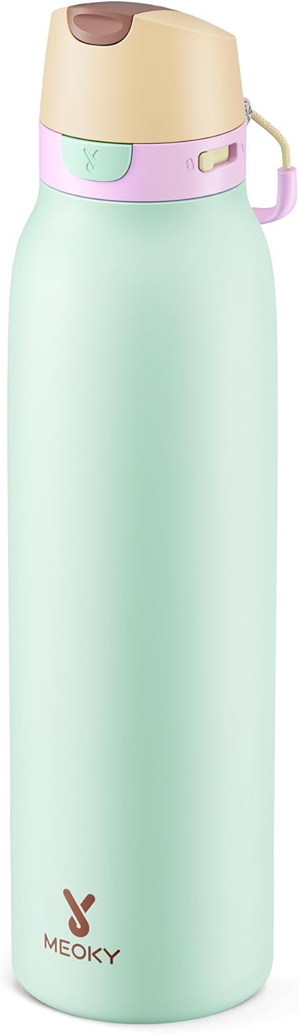 Meoky 24 oz Slim Insulated Water Bottle: Leak Proof Locking Lid, 2-in-1 Straw and Spout, 24 Hours Cold, Top Handle, BPA Free, Stainless Steel Water Bottle for Men Sports Travel Gym, Night