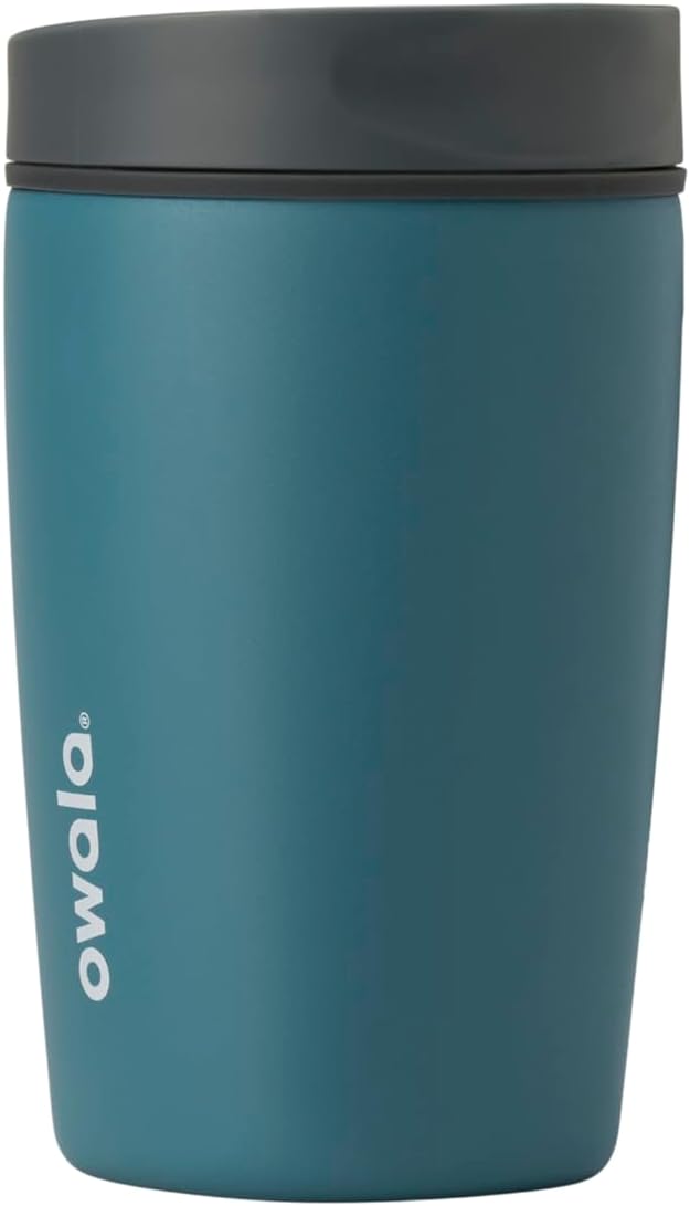 Owala SmoothSip Slider Insulated Stainless Steel Coffee Tumbler, Reusable Iced Coffee Cup, Hot Coffee Travel Mug, BPA Free 20 oz, Grey/Blue (High Dive)