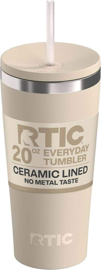 RTIC 20oz Everyday Tumbler Insulated Stainless Steel Portable Travel Coffee Cup with Straw, Ceramic Lining, Spill-Resistant Lid, BPA-Free, Hot and Cold Drink, Beach