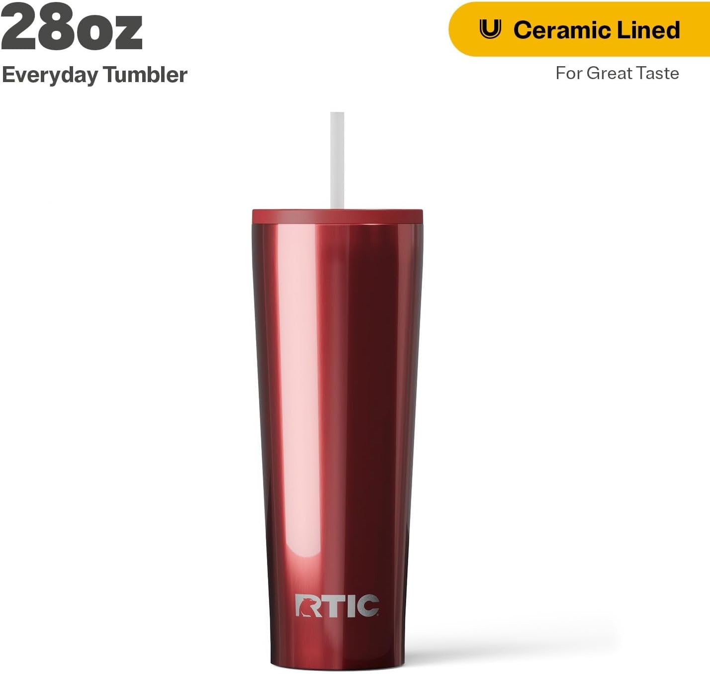 RTIC 20oz Everyday Tumbler Insulated Stainless Steel Portable Travel Coffee Cup with Straw, Ceramic Lining, Spill-Resistant Lid, BPA-Free, Hot and Cold Drink, Beach