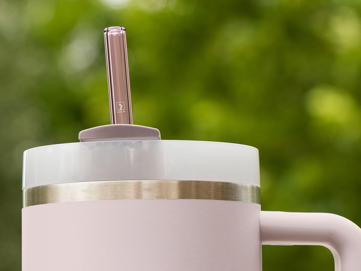 Halm Glass Straws - 6 Long 12 inch Bent Stanley Cup Replacement Drinking Straws + Plastic-Free Cleaning Brush - Perfect for Bottles & Quencher - Made in Germany - Dishwasher Safe - Eco-Friendly