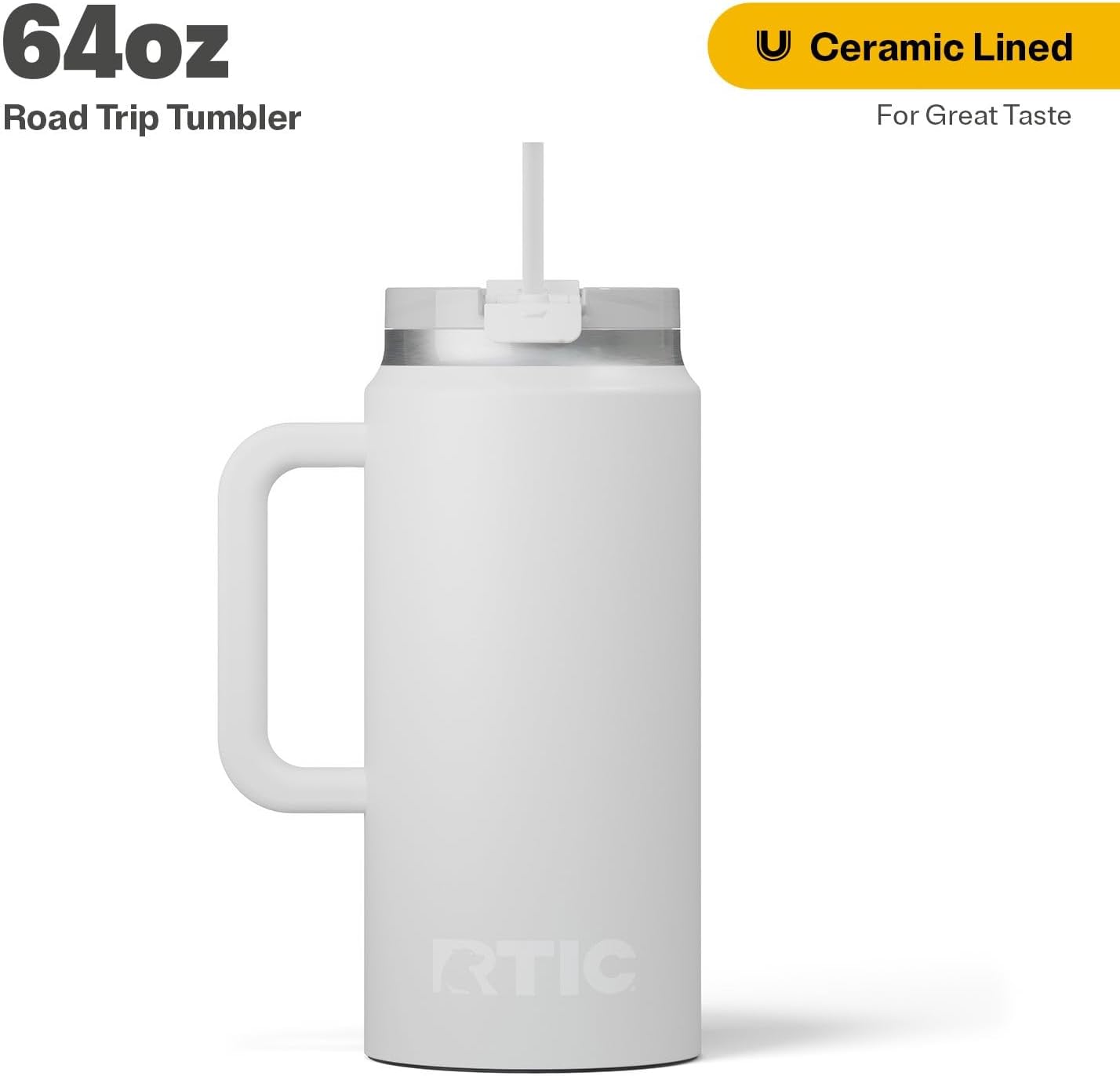 RTIC 64oz Road Trip Tumbler with Handle, Lid and Straw, Ceramic Lined, Insulated, Stainless Steel, Double Wall Vacuum-Insulation, Travel Cup, Cool Grey