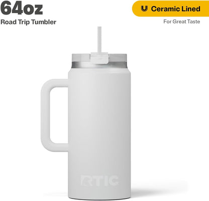 RTIC 64oz Road Trip Tumbler with Handle, Lid and Straw, Ceramic Lined, Insulated, Stainless Steel, Double Wall Vacuum-Insulation, Travel Cup, Cool Grey