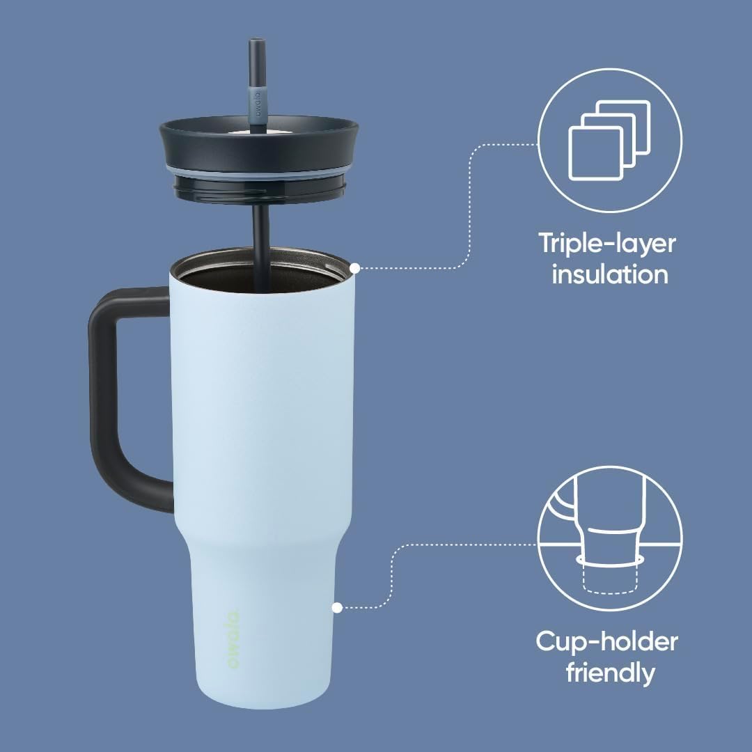 Owala Stainless Steel Triple Layer Insulated Travel Tumbler with Spill Resistant Lid and Straw, BPA Free, 24 oz, Grey/Blue (The Great Blue)