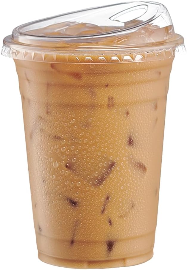 GUSTO Clear Plastic Cups with Lids [24 oz - 100 Count - Disposable Iced Coffee Drink Cups with Strawless Sip Lids for Smoothies, Juices, and More - (Formerly Comfy Package)