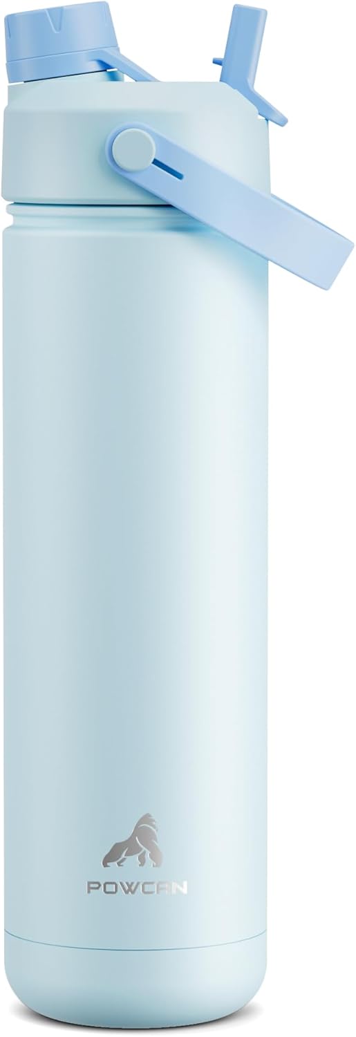 POWCAN 26 oz Insulated Water Bottle with 2-in-1 Straw and Spout Lid, Keep Cold 24H, Leak-Proof, Fits in Car Cup Holder, Stainless Steel Water Bottle for Sports, Travel, and School (Mint)