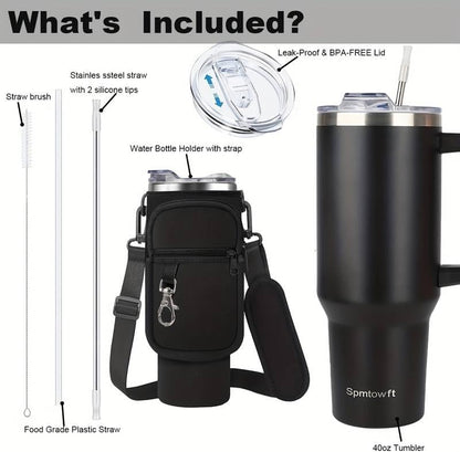 40oz Stainless Steel Double Vacuum Tumbler with Handle, Straw Lid, Carrier Bag, Purse Pouch Phone Pocket, Gym Water Bottle Travel Mug and Sleeve Holder for Men Women (Black)
