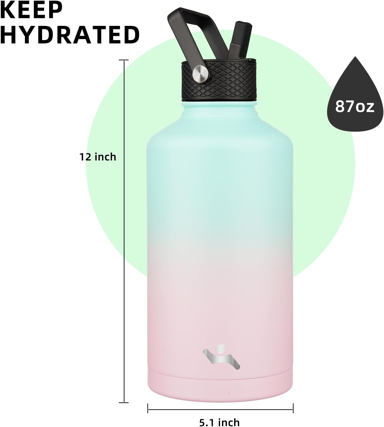 Konokyo 22oz Stainless Steel Bottles with 3 Lids Sport Insulated Water Bottle,Mint