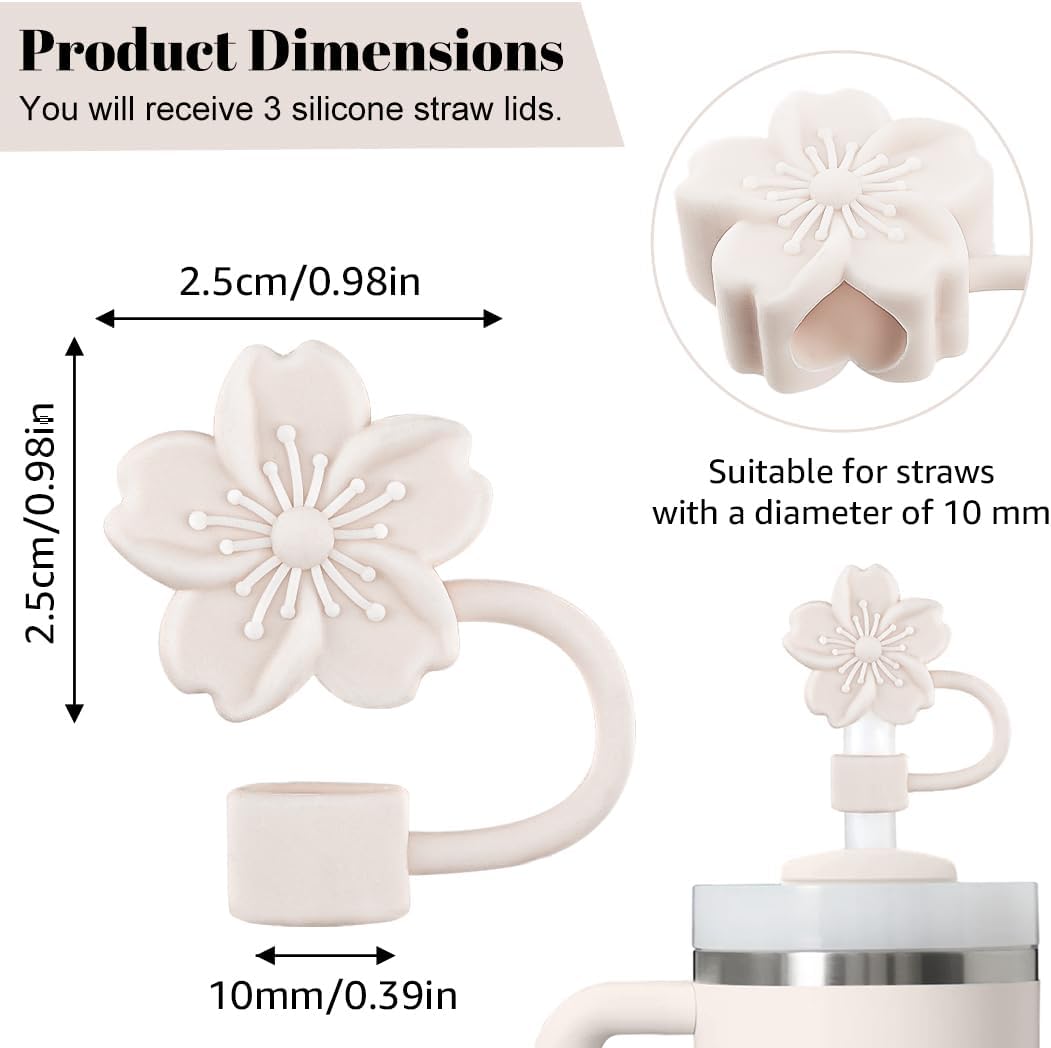 Straw Cover Cap for Stanley Cup, 3Pcs Cute Flower Straw Toppers Accessories Compatible with Stanley Cup 30&40 Oz Tumbler, Silicone Straw Tips Lids for Home and Party Decor, Beige