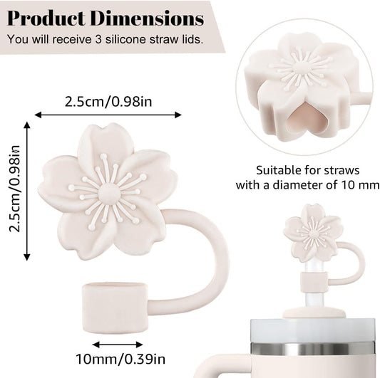 Straw Cover Cap for Stanley Cup, 3Pcs Cute Flower Straw Toppers Accessories Compatible with Stanley Cup 30&40 Oz Tumbler, Silicone Straw Tips Lids for Home and Party Decor, Beige