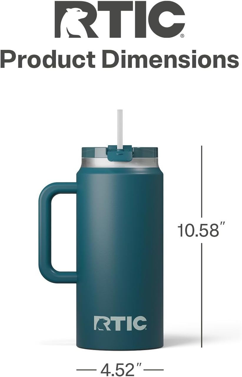 RTIC 64oz Road Trip Tumbler with Handle, Lid and Straw, Ceramic Lined, Insulated, Stainless Steel, Double Wall Vacuum-Insulation, Travel Cup, Cool Grey