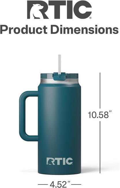 RTIC 64oz Road Trip Tumbler with Handle, Lid and Straw, Ceramic Lined, Insulated, Stainless Steel, Double Wall Vacuum-Insulation, Travel Cup, Cool Grey