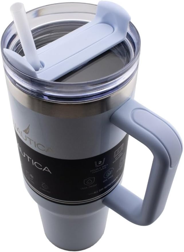 Nautica 40oz Insulated Tumbler with Handle and Straw, Stainless Steel Double Wall Vacuum Travel Mug, Leak-Resistant 3-Way Lid, Keeps Cold for 24 Hours, Fits Car Cup Holders (NAVY)