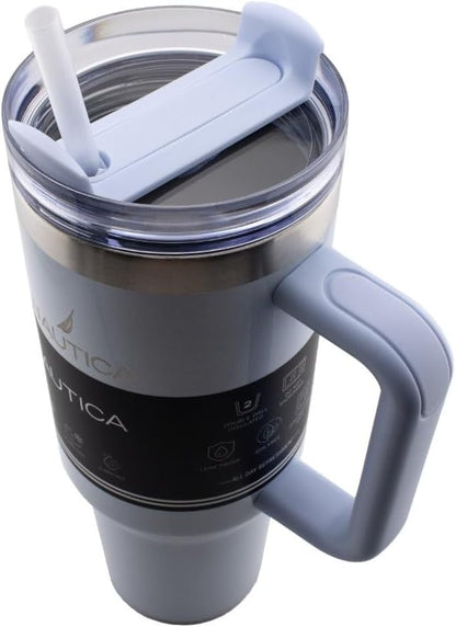 Nautica 40oz Insulated Tumbler with Handle and Straw, Stainless Steel Double Wall Vacuum Travel Mug, Leak-Resistant 3-Way Lid, Keeps Cold for 24 Hours, Fits Car Cup Holders (NAVY)