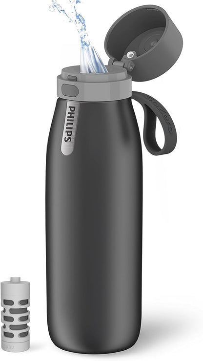 PHILIPS Water Bottle with Filter, Filter Water Bottle Stainless Steel with GoZero Everyday BPA-Free Tap Water Filter, Water Filter Bottle Keep Drink Cold 24 Hours, 1 Filter for 40 gal / 2 Months