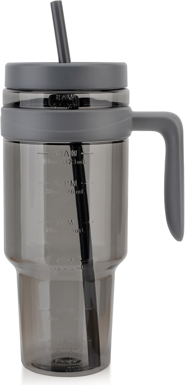 50 oz Tritan Plastic Tumbler with Lid and Straw | Leak-Proof BPA-Free Clear Tumbler with Time Marker | Reusable Travel Mug for Camping, Sports, Office, Road Trips, Parties | Wide Mouth
